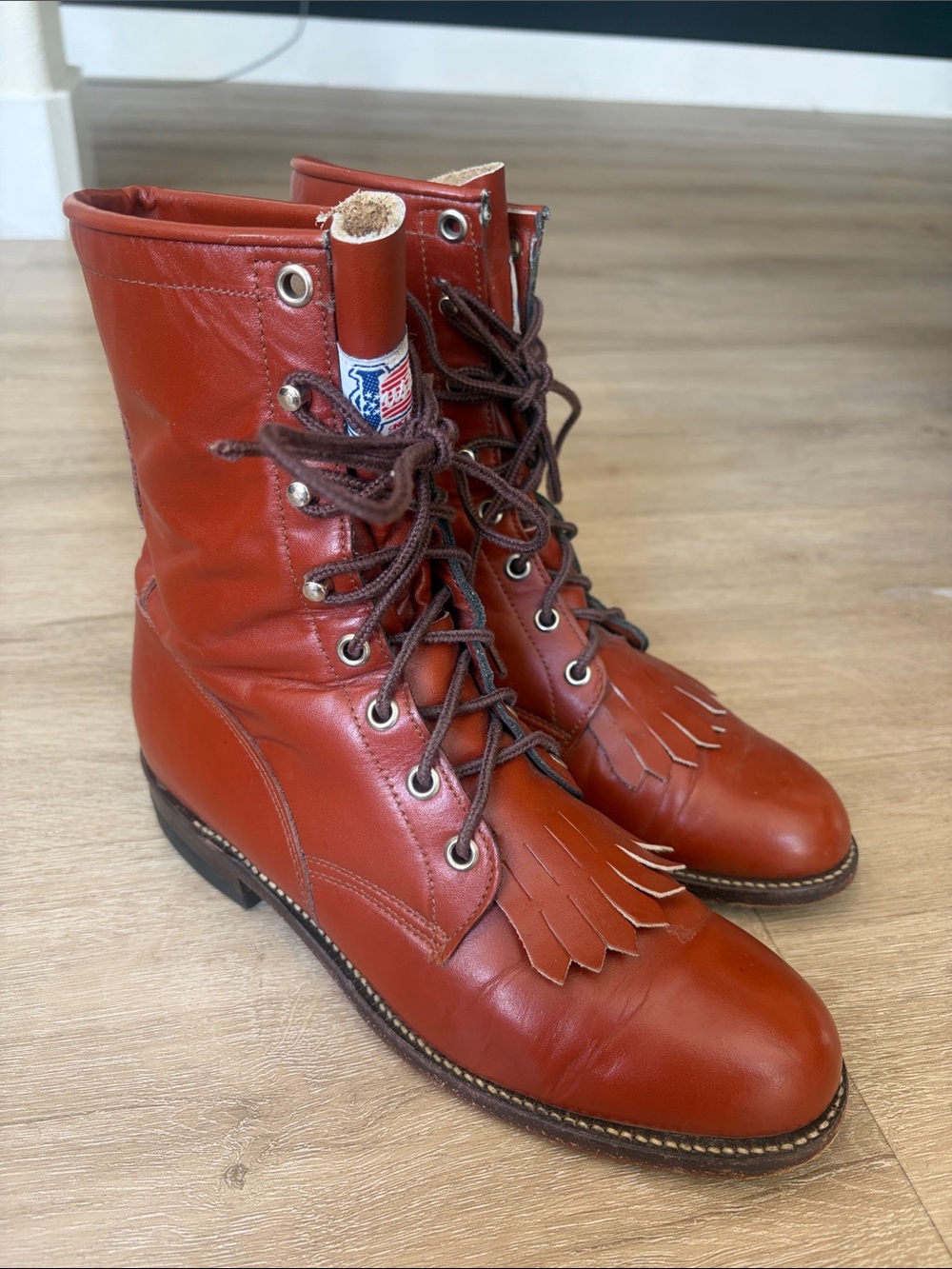 Justin Boots Women's Lace-Up Kiltie Work Boots in Burnt Orange Leather